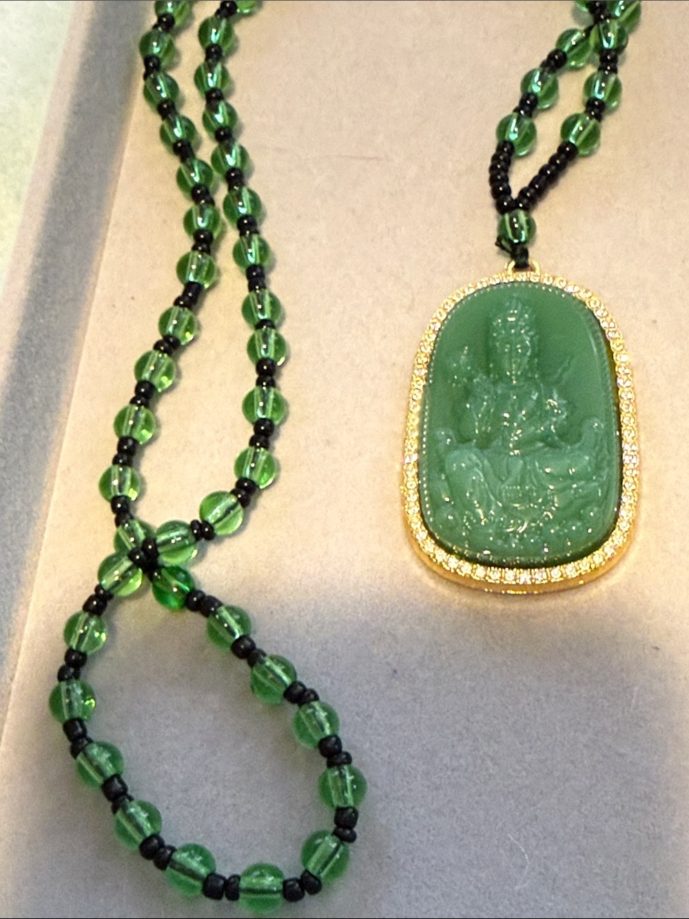 Green Glass Jade Buddha Amulet Pendant with Gold Trim - Picture 4 of 7
